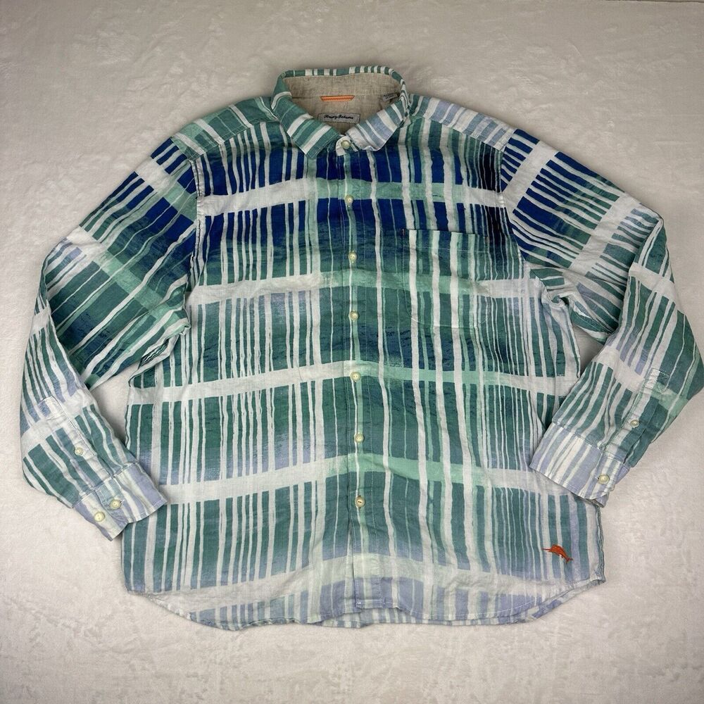 Tommy Bahama Mens 100% Linen Shirt Blue White Stripe Button Long Sleeve Sz XL